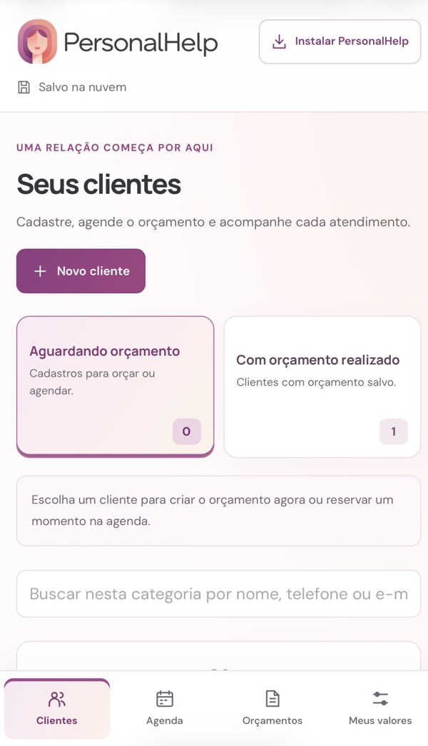 Tela inicial do PersonalHelp com a lista de clientes
