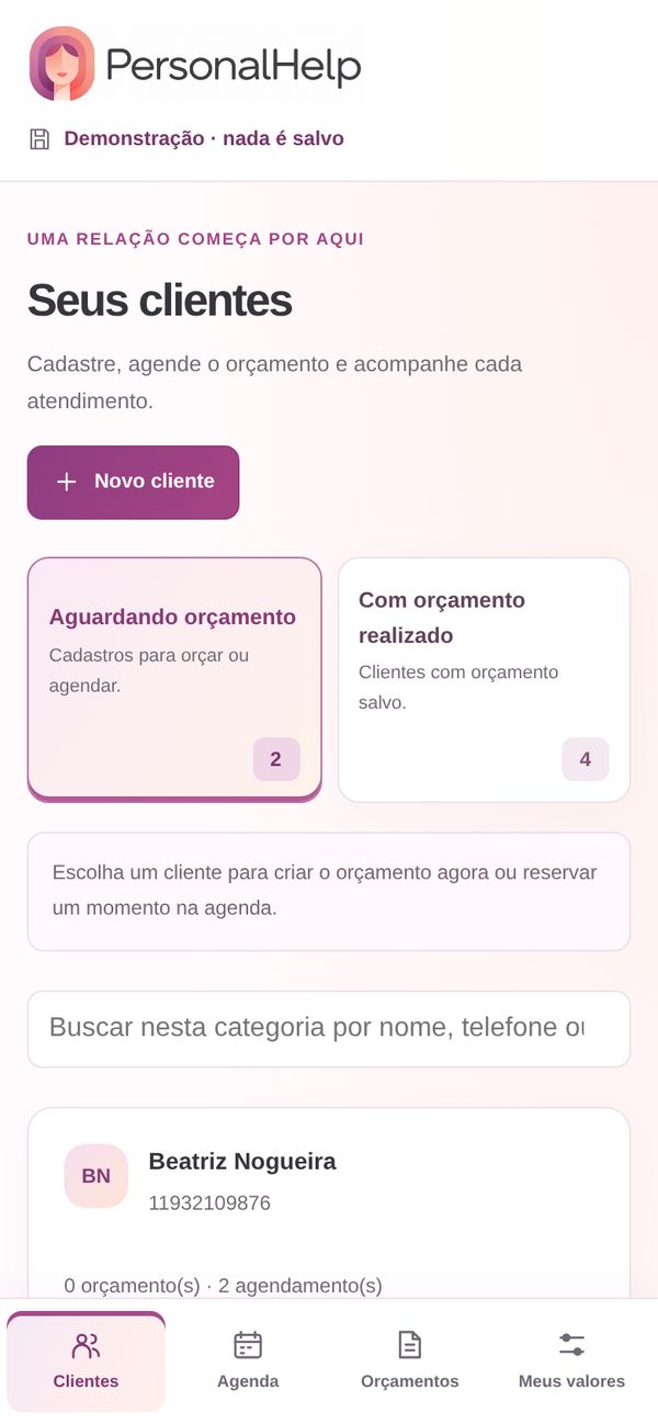 Tela de clientes do PersonalHelp